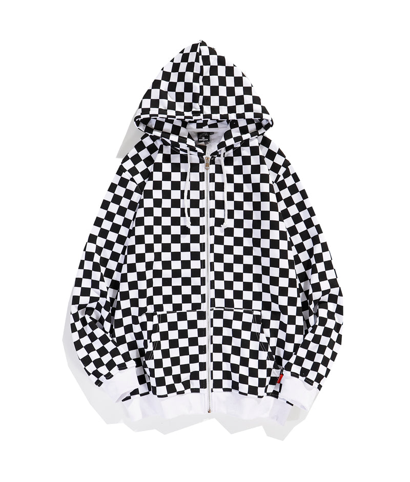 A Thin, Ribbed Racing Checkered Zipper Avant-garde Coat