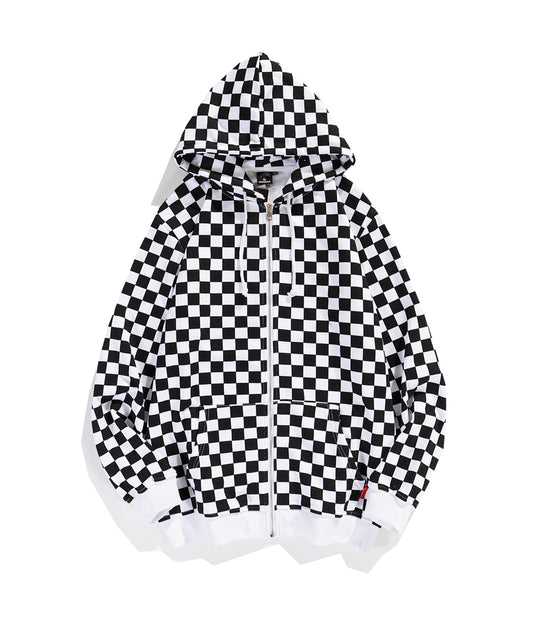 A Thin, Ribbed Racing Checkered Zipper Avant-garde Coat