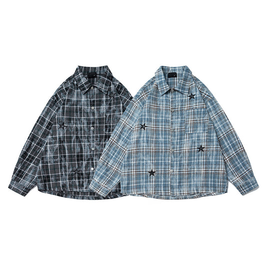 American Hip-hop Tie-dye Checked Shirt, Loose Autumn Jacket for Men and Women, A Trendy Brand