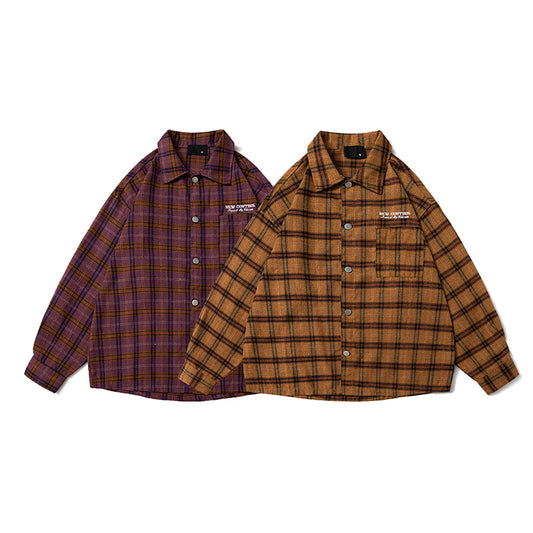 A Trendy American Yellow Checkered Shirt for Men, A Thin Summer Brushed Top, A Retro and Casual Checkered Shirt