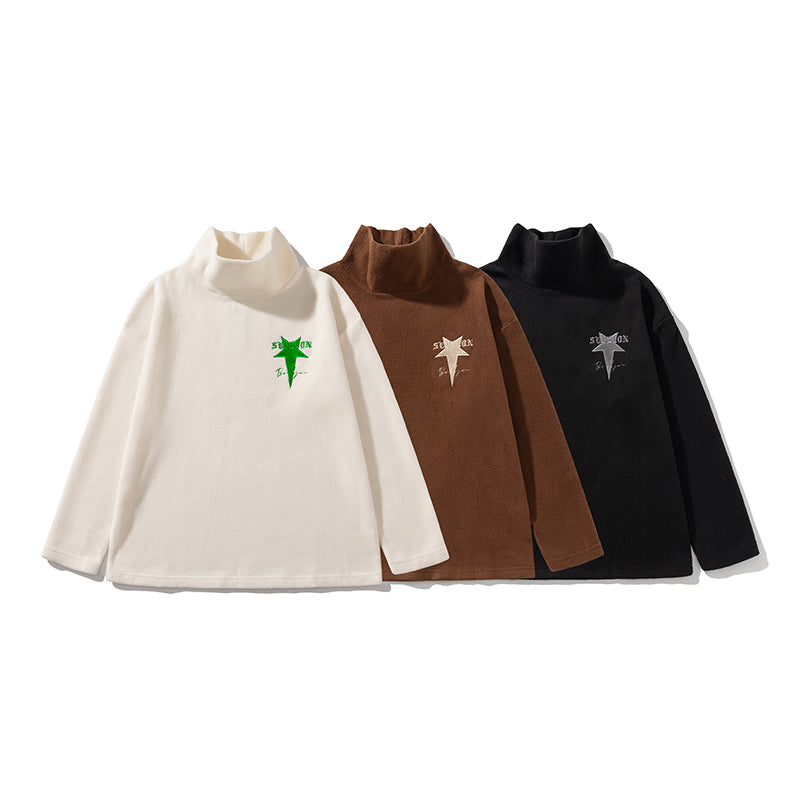 Trendy American Retro Appliqué Embroidered Half-high Collar Pullover Polar Fleece Couple Sweatshirt Top