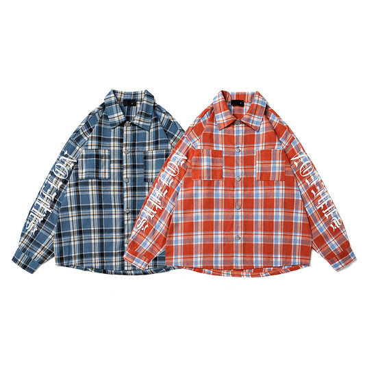 A Checkered Letter Printed Shirt Jacket for Men, A Casual, Loose and Laid-back Style Thin Long-sleeved Shirt from An INS Streetwear Brand