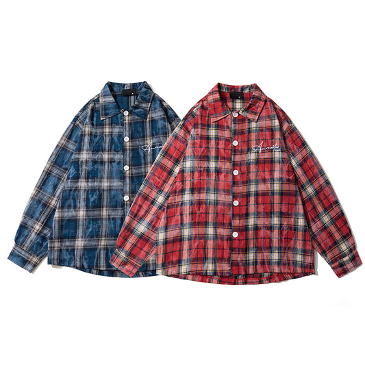Spring and Autumn American Retro Embroidered Red Checkered Sun-protective Shirts for Men and Women, Long-sleeved Loose Shirt Jackets