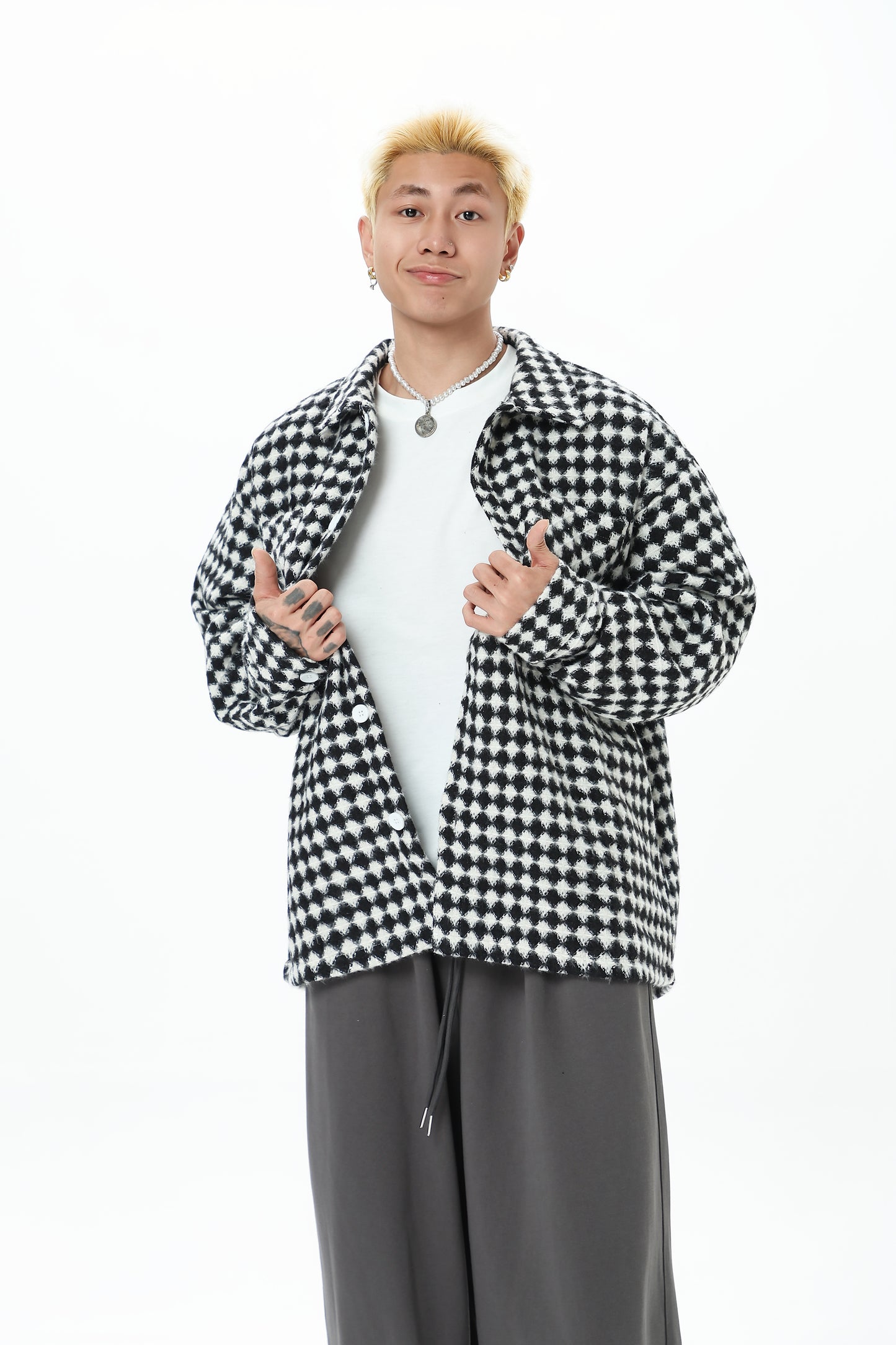 Thousand Bird Check American Retro High Street Vibe Chanel-style Jacket for Men, Spring Checked Shirt, Trendy Brand, High-end, Loose Lapel Jacket for Women