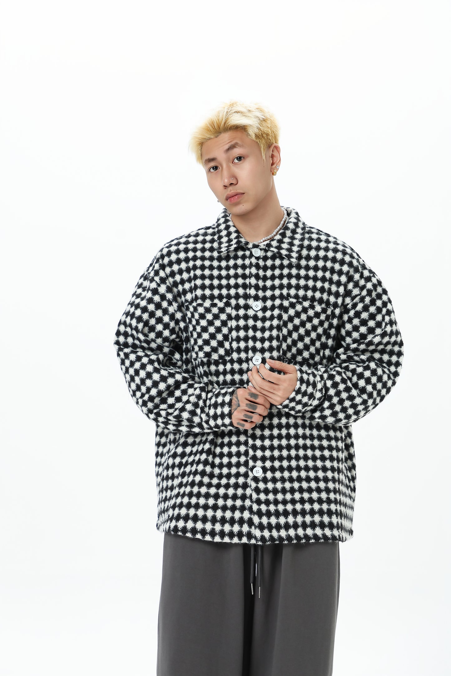 Thousand Bird Check American Retro High Street Vibe Chanel-style Jacket for Men, Spring Checked Shirt, Trendy Brand, High-end, Loose Lapel Jacket for Women