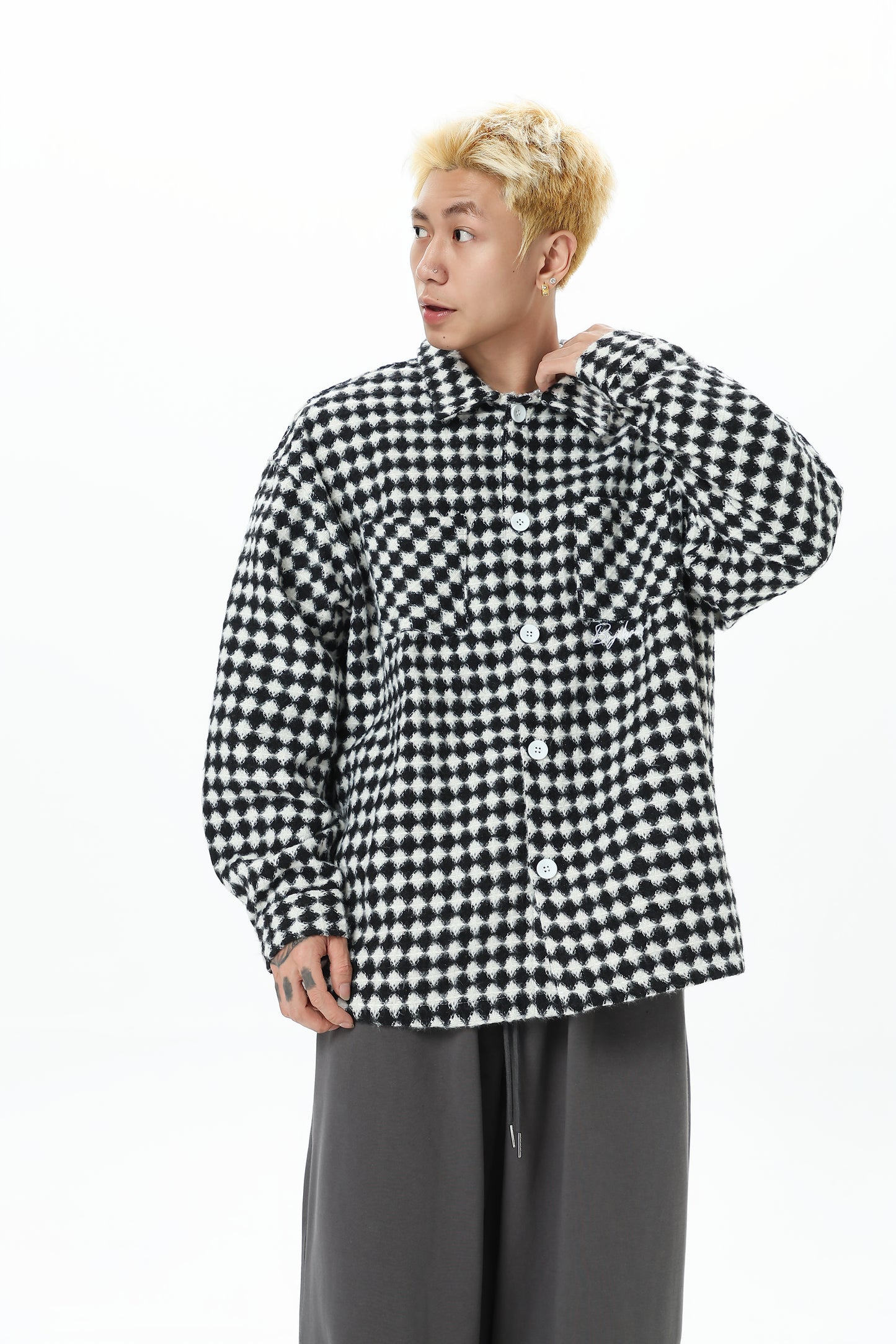 Thousand Bird Check American Retro High Street Vibe Chanel-style Jacket for Men, Spring Checked Shirt, Trendy Brand, High-end, Loose Lapel Jacket for Women