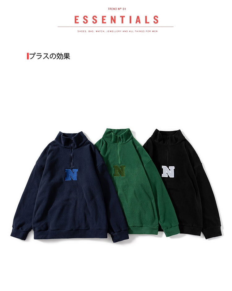 Fleece Embroidered Letter Stand-up Collar Zipper Hoodie