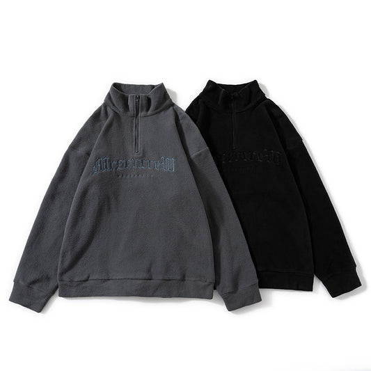 Fleece Embroidered Letter Stand-up Collar Zipper Hoodie