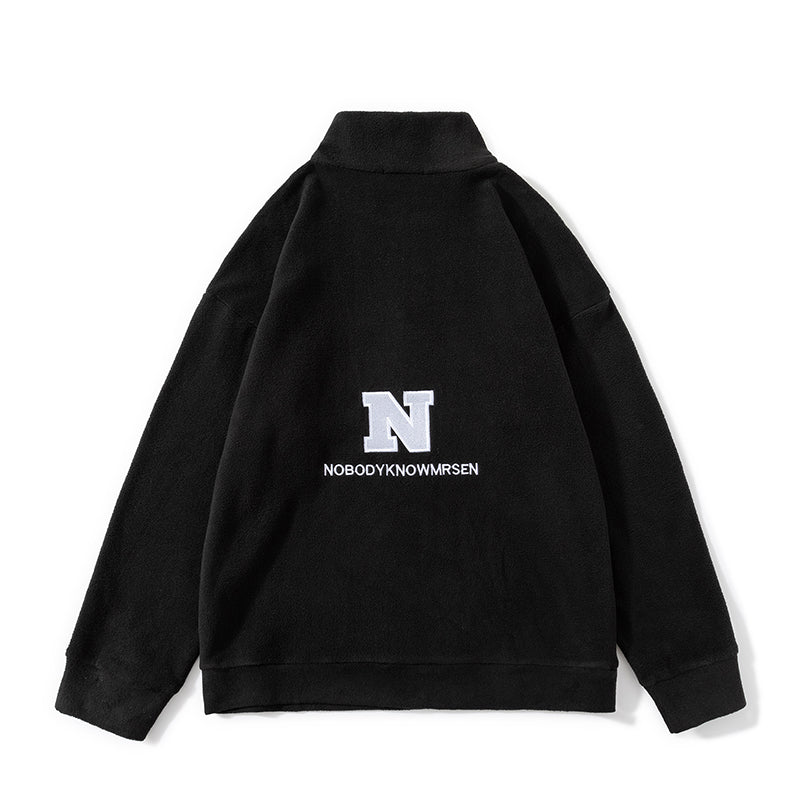 Fleece Embroidered Letter Stand-up Collar Zipper Hoodie