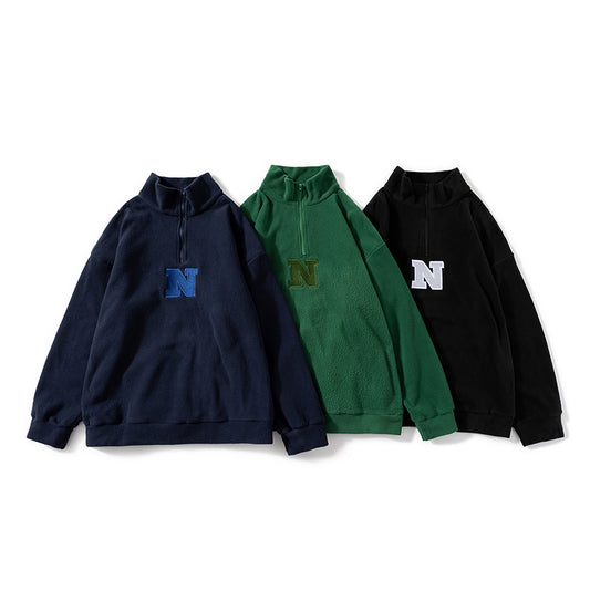 Fleece Embroidered Letter Stand-up Collar Zipper Hoodie