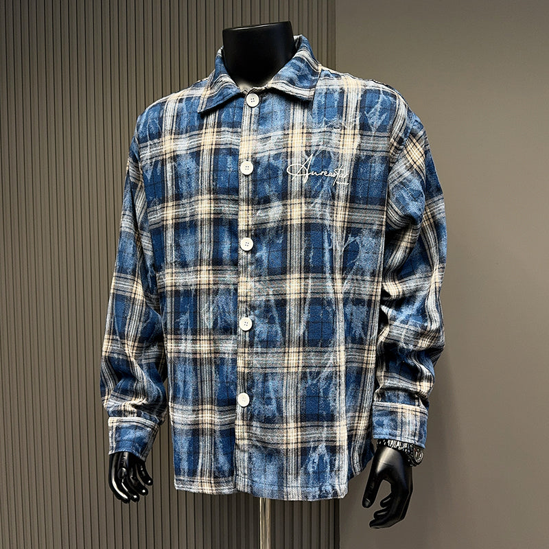 Spring and Autumn American Retro Embroidered Red Checkered Sun-protective Shirts for Men and Women, Long-sleeved Loose Shirt Jackets