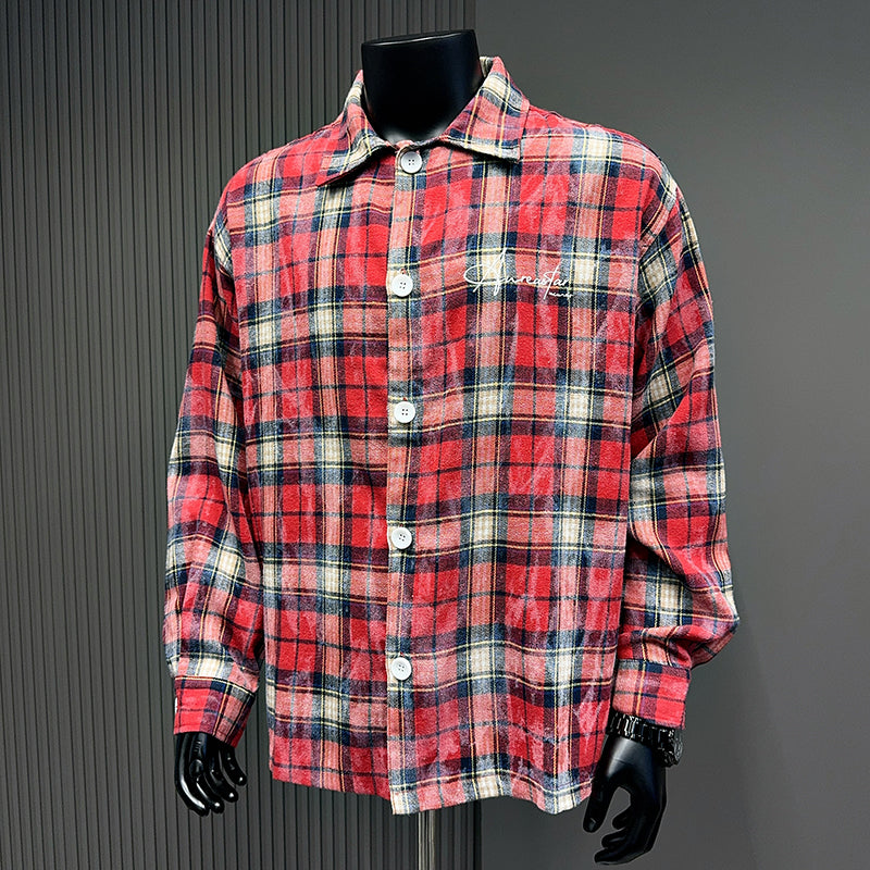 Spring and Autumn American Retro Embroidered Red Checkered Sun-protective Shirts for Men and Women, Long-sleeved Loose Shirt Jackets