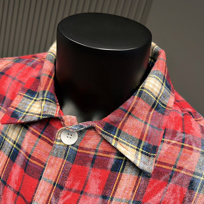 Spring and Autumn American Retro Embroidered Red Checkered Sun-protective Shirts for Men and Women, Long-sleeved Loose Shirt Jackets
