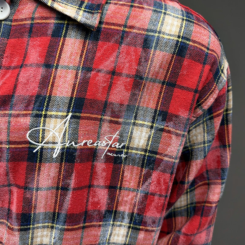 Spring and Autumn American Retro Embroidered Red Checkered Sun-protective Shirts for Men and Women, Long-sleeved Loose Shirt Jackets