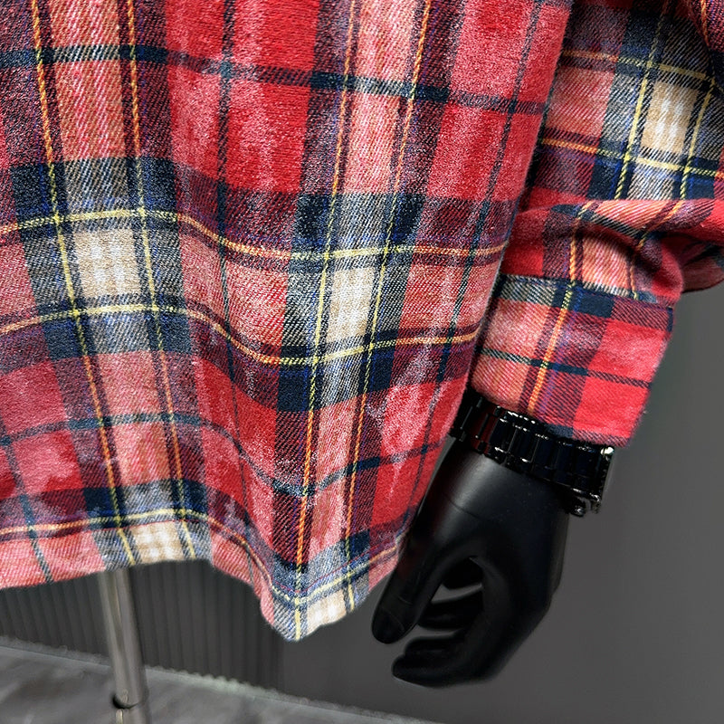 Spring and Autumn American Retro Embroidered Red Checkered Sun-protective Shirts for Men and Women, Long-sleeved Loose Shirt Jackets