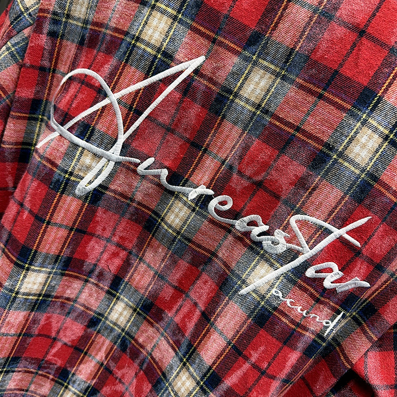 Spring and Autumn American Retro Embroidered Red Checkered Sun-protective Shirts for Men and Women, Long-sleeved Loose Shirt Jackets