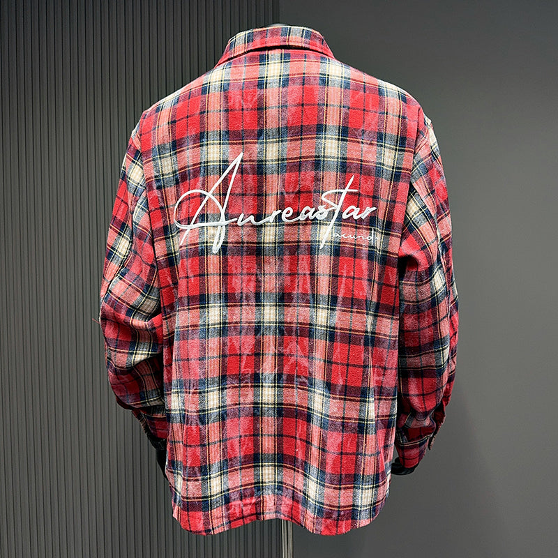 Spring and Autumn American Retro Embroidered Red Checkered Sun-protective Shirts for Men and Women, Long-sleeved Loose Shirt Jackets