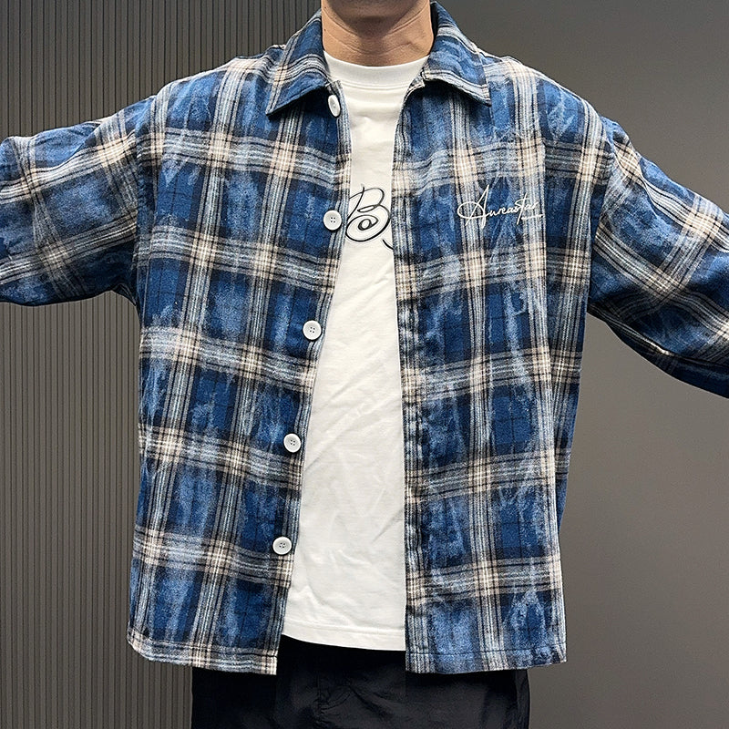 Spring and Autumn American Retro Embroidered Red Checkered Sun-protective Shirts for Men and Women, Long-sleeved Loose Shirt Jackets