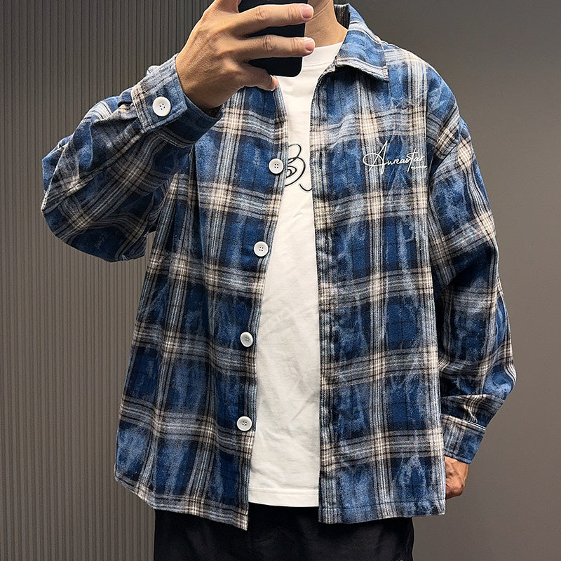Spring and Autumn American Retro Embroidered Red Checkered Sun-protective Shirts for Men and Women, Long-sleeved Loose Shirt Jackets