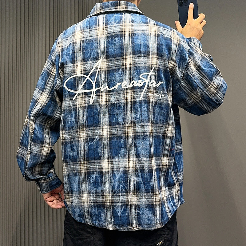 Spring and Autumn American Retro Embroidered Red Checkered Sun-protective Shirts for Men and Women, Long-sleeved Loose Shirt Jackets