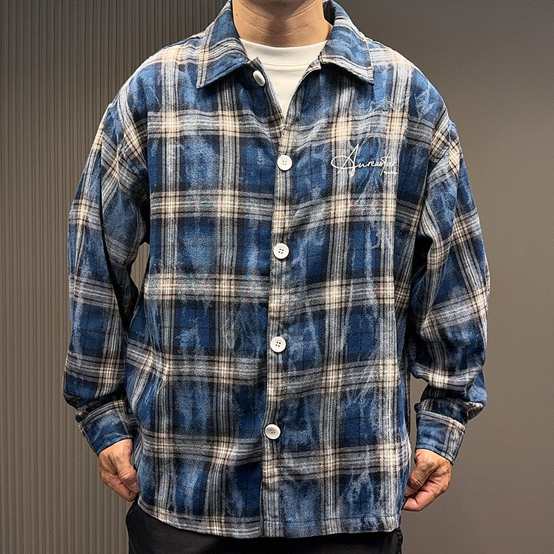 Spring and Autumn American Retro Embroidered Red Checkered Sun-protective Shirts for Men and Women, Long-sleeved Loose Shirt Jackets