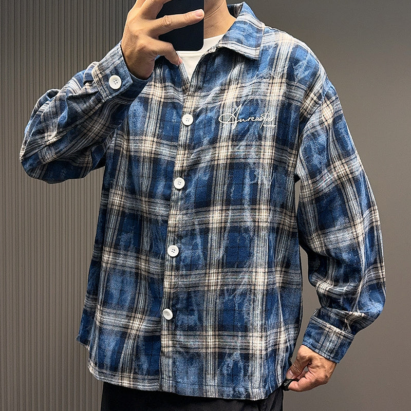 Spring and Autumn American Retro Embroidered Red Checkered Sun-protective Shirts for Men and Women, Long-sleeved Loose Shirt Jackets