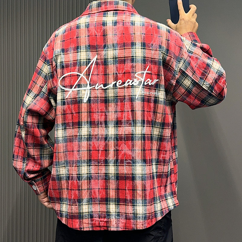 Spring and Autumn American Retro Embroidered Red Checkered Sun-protective Shirts for Men and Women, Long-sleeved Loose Shirt Jackets