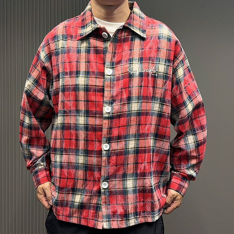 Spring and Autumn American Retro Embroidered Red Checkered Sun-protective Shirts for Men and Women, Long-sleeved Loose Shirt Jackets