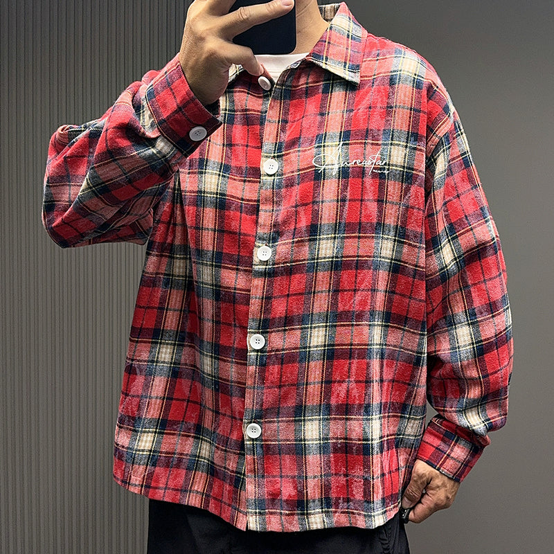Spring and Autumn American Retro Embroidered Red Checkered Sun-protective Shirts for Men and Women, Long-sleeved Loose Shirt Jackets
