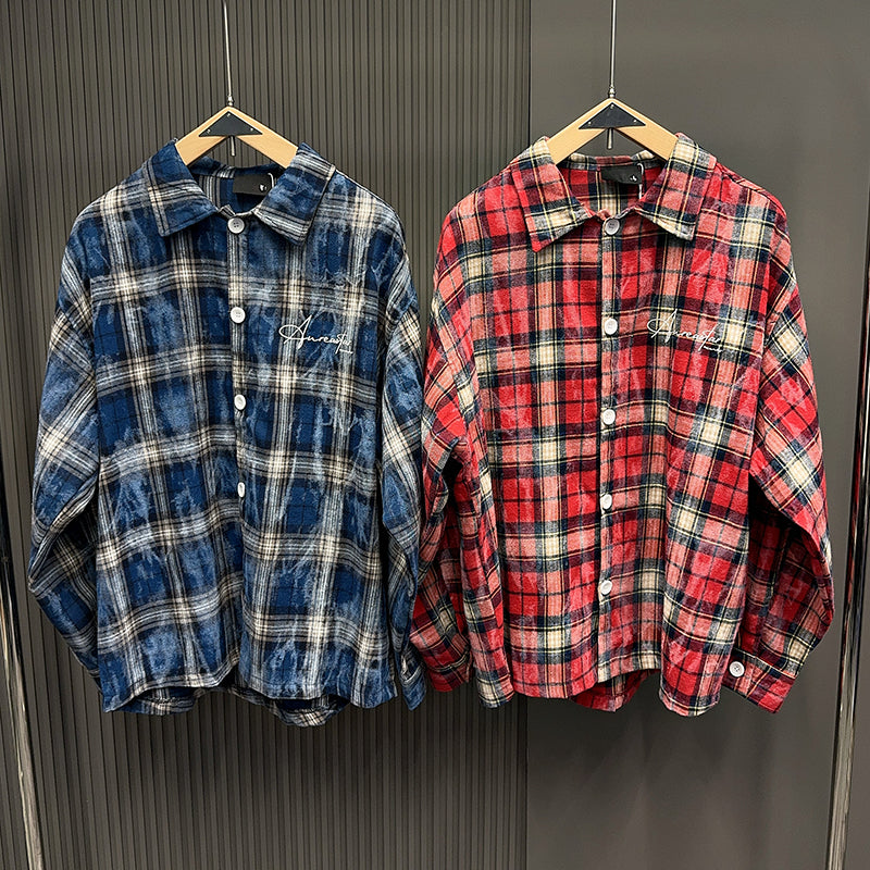 Spring and Autumn American Retro Embroidered Red Checkered Sun-protective Shirts for Men and Women, Long-sleeved Loose Shirt Jackets