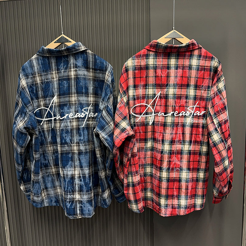 Spring and Autumn American Retro Embroidered Red Checkered Sun-protective Shirts for Men and Women, Long-sleeved Loose Shirt Jackets