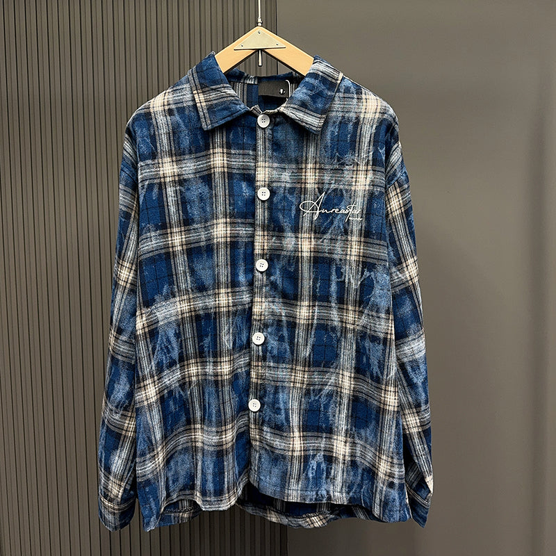 Spring and Autumn American Retro Embroidered Red Checkered Sun-protective Shirts for Men and Women, Long-sleeved Loose Shirt Jackets