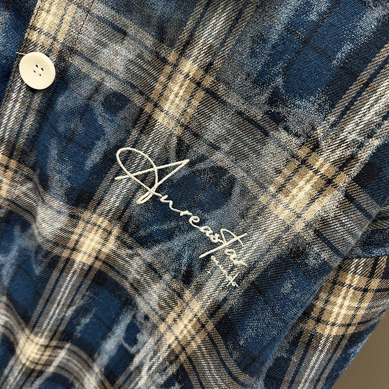 Spring and Autumn American Retro Embroidered Red Checkered Sun-protective Shirts for Men and Women, Long-sleeved Loose Shirt Jackets