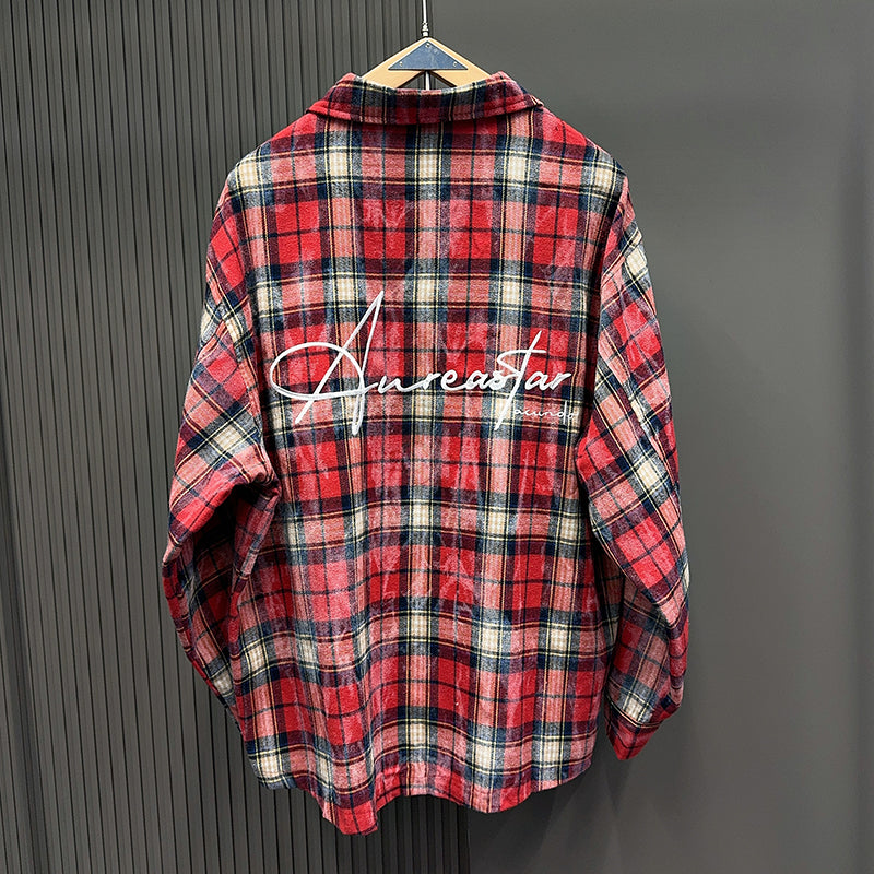 Spring and Autumn American Retro Embroidered Red Checkered Sun-protective Shirts for Men and Women, Long-sleeved Loose Shirt Jackets