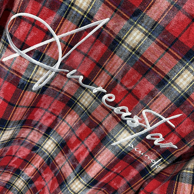 Spring and Autumn American Retro Embroidered Red Checkered Sun-protective Shirts for Men and Women, Long-sleeved Loose Shirt Jackets