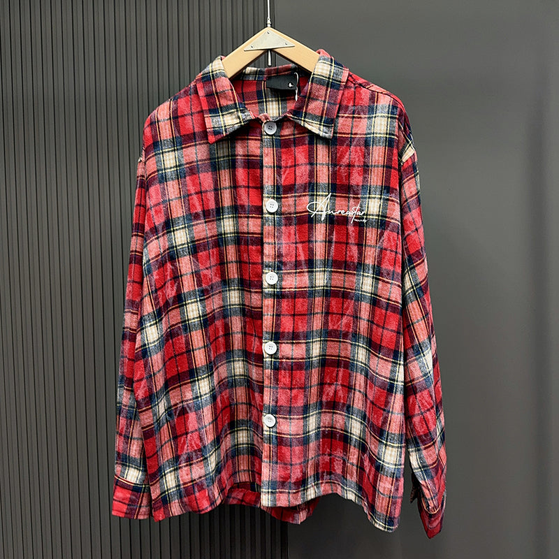 Spring and Autumn American Retro Embroidered Red Checkered Sun-protective Shirts for Men and Women, Long-sleeved Loose Shirt Jackets