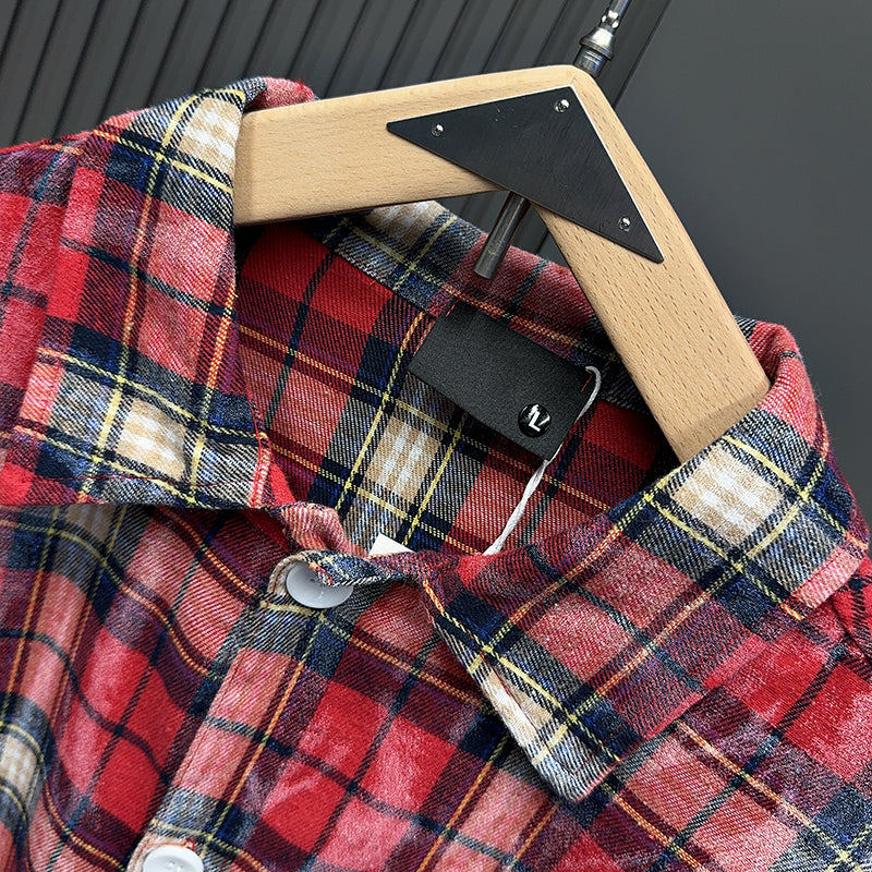Spring and Autumn American Retro Embroidered Red Checkered Sun-protective Shirts for Men and Women, Long-sleeved Loose Shirt Jackets