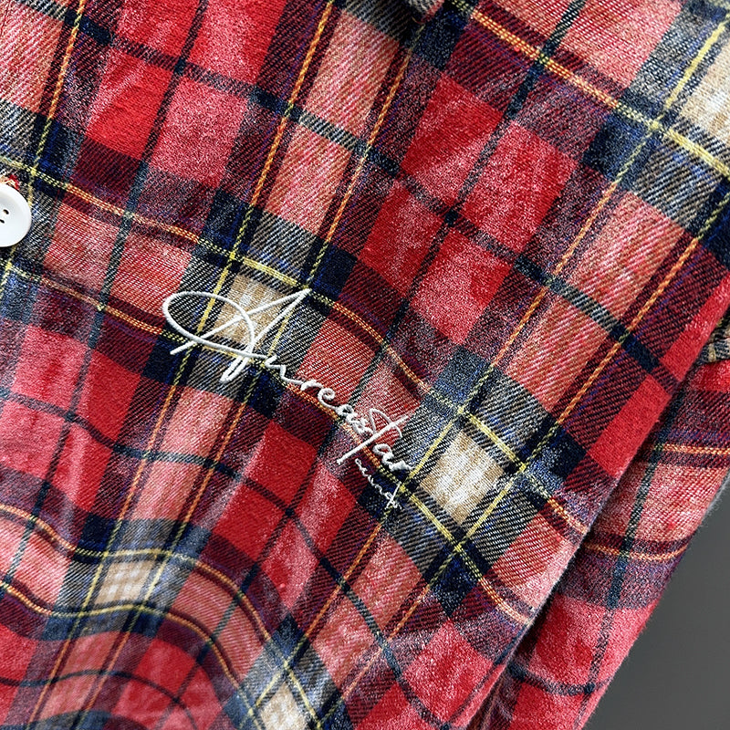 Spring and Autumn American Retro Embroidered Red Checkered Sun-protective Shirts for Men and Women, Long-sleeved Loose Shirt Jackets