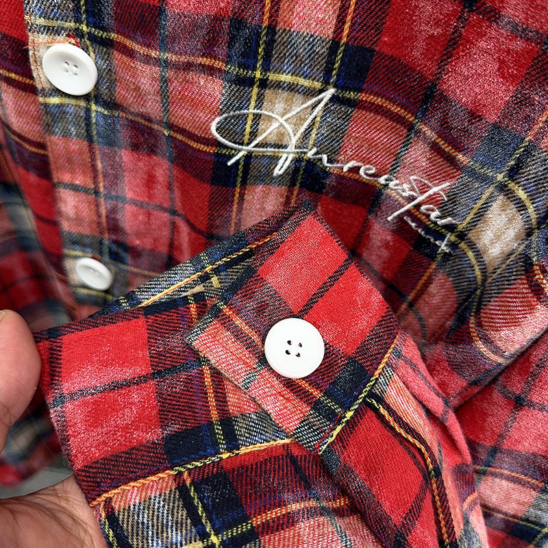 Spring and Autumn American Retro Embroidered Red Checkered Sun-protective Shirts for Men and Women, Long-sleeved Loose Shirt Jackets