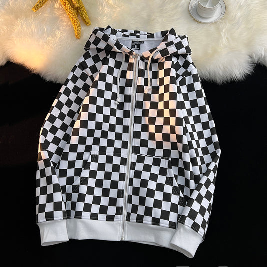 Racing Black and White Checkered Cardigan Fleece Warm Hooded Sweatshirt Jacket