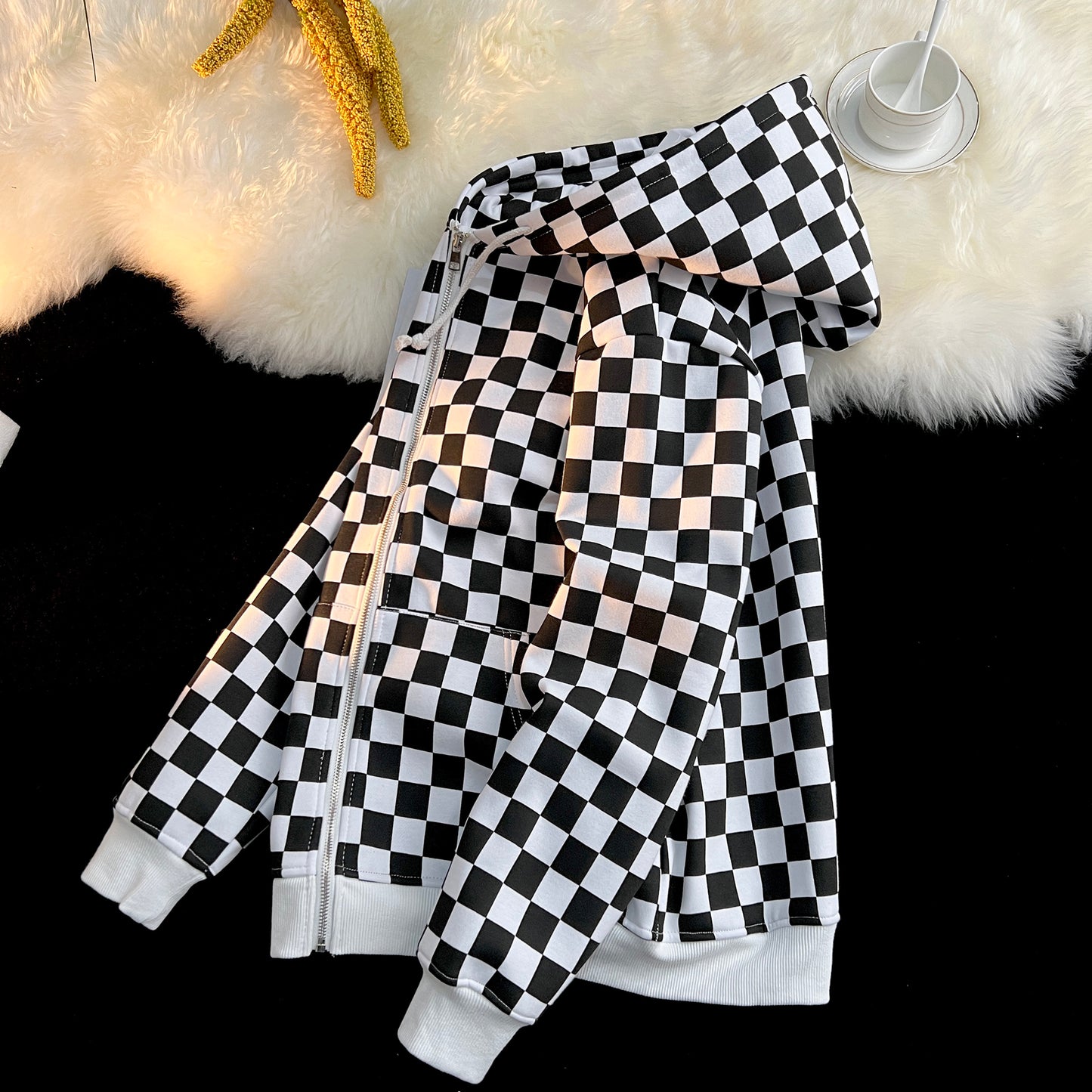 Racing Black and White Checkered Cardigan Fleece Warm Hooded Sweatshirt Jacket